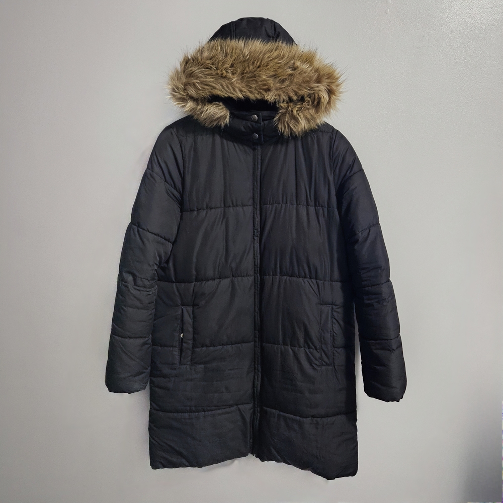 Black Old Navy Long Puffer Coat with Faux Fur Trim
